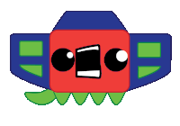 a cartoon drawing of a monster with green teeth and a red face