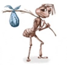 a cartoon ant is carrying a bag on its back and a stick .