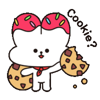 a cartoon drawing of a bunny holding a cookie with a bite taken out of it and the words cookie below it