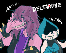 a drawing of a girl with purple hair and a cartoon character with the word deltarune written above them