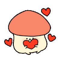 a cartoon mushroom with a heart in its mouth and hearts around it .