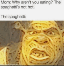 mom : why aren 't you eating ? the spaghetti 's not hot ! the spaghetti : shrek