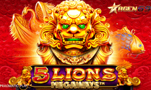 a poster for 5 lions megaways shows a gold lion