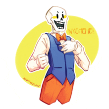 a drawing of a skeleton wearing a blue vest and orange pants with the words nyehehe written on it