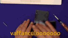 a person is holding a cell phone with the words vaffanculoooo written in yellow