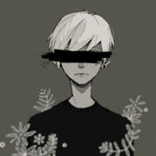 a black and white drawing of a boy with a blindfold on his eyes and flowers around his neck .