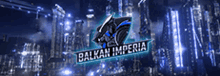 a logo for a company called ' balkan imperia ' with a city in the background