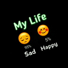 a black background with a sad and happy smiley face and the words `` my life '' .