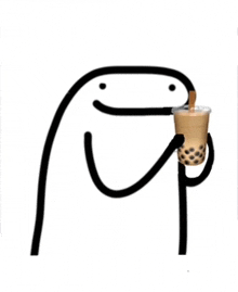 a cartoon character is holding a cup of bubble tea with a spoon .