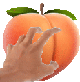 a hand is reaching for a peach with a green leaf on it .