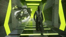 a man in a trench coat is standing in a hallway next to a robot