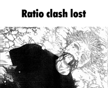 a black and white drawing of a man laying on the ground with the words ratio clash lost below him