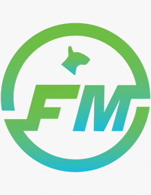 a logo for a company called fm with a cat in the middle