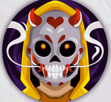 a skull with red horns and a heart on it