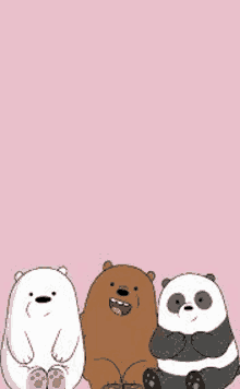 we bare bears ice bear , grizzly bear , and panda bears are standing next to each other on a pink background .