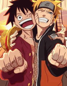 luffy and naruto are standing next to each other with their fists in the air