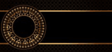 a black background with a gold circle and a gold border .