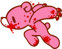 a cartoon drawing of a pink teddy bear with blood on its body