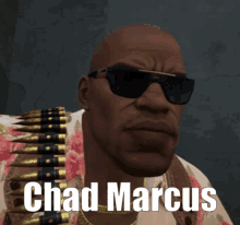 a man wearing sunglasses and a shirt with bullets around his neck is named chad marcus