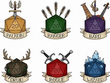 a set of six different types of d20 dice with swords and musical instruments on them .