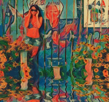 a painting of a woman talking on a cell phone in front of a sign that says ' aa ' on it