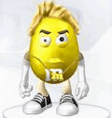 a yellow m & m 's cartoon character is standing on a white circle .