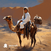 a painting of a boy riding on the back of a camel with the words gencraft below it