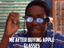 a man wearing glasses and a microphone with the words me after buying apple glasses on the bottom