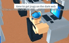 a roblox character is sitting at a desk in front of a computer .