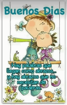 a cartoon of a boy and a girl sitting on a swing with a quote in spanish .