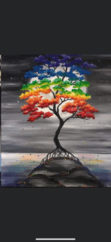 a painting of a rainbow tree with roots in the ground