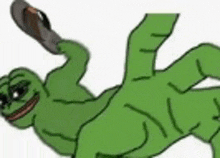 a cartoon of a green frog laying on its back with a knife in its hand .