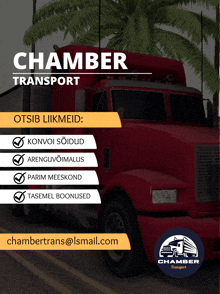 an advertisement for chamber transport with a red semi truck