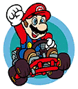 a cartoon of mario driving a go kart with a fist in the air .