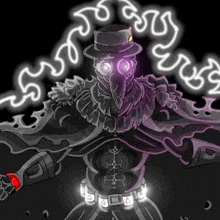 a drawing of a plague doctor with glowing eyes and a purple cape