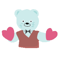 a teddy bear wearing a vest and bow tie holds two pink hearts