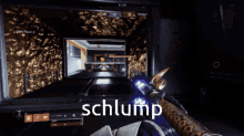 a person holding a gun with the word schlump written on the screen