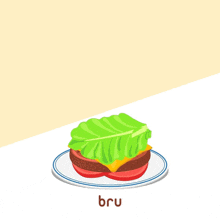 a hamburger with lettuce and cheese on a plate with the word bru under it