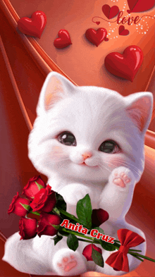 a white cat is holding a bouquet of red roses and the name anita cruz is on the bottom of the picture