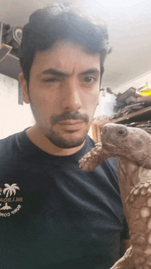 a man wearing a black shirt with a palm tree on it holds a small turtle