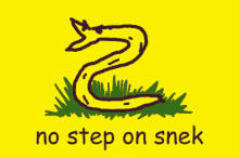 a yellow background with a drawing of a snake and the words " no step on snek "