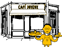 a cartoon drawing of a man holding a tray of food in front of a cafe joyeux