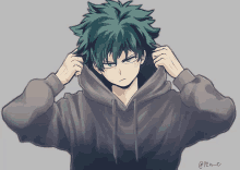 a drawing of a boy with green hair and a hoodie with the hashtag @p2n_t on the bottom