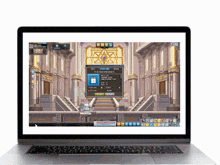 a laptop screen displays a video game with a staircase in the background