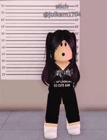 a girl standing in front of a police line up with the name stich on the top