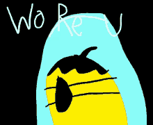 a drawing of a yellow and blue egg with the word wo reu written on it