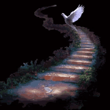 a bird is flying over a set of stone stairs