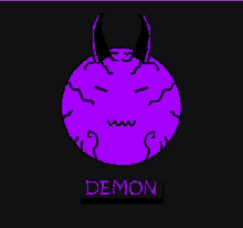 a purple demon with horns and the word demon below it