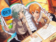 two anime girls are sitting at a desk with a speech bubble that says " ok "