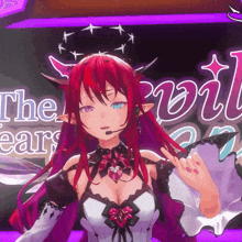 a girl with red hair and horns stands in front of a sign that says " the ears "